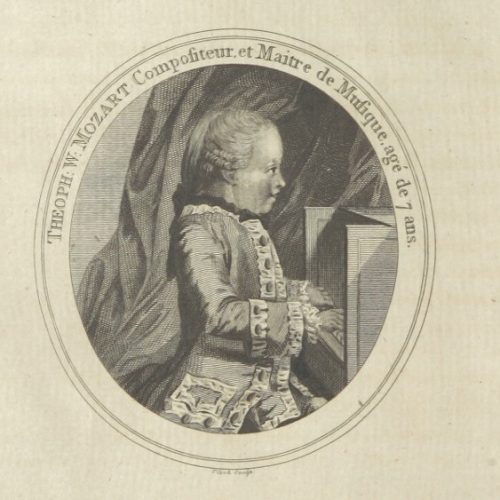 Porträt des jungen Wolfgang Amadeus Mozart im Alter von 7 Jahren an einem Cembalo